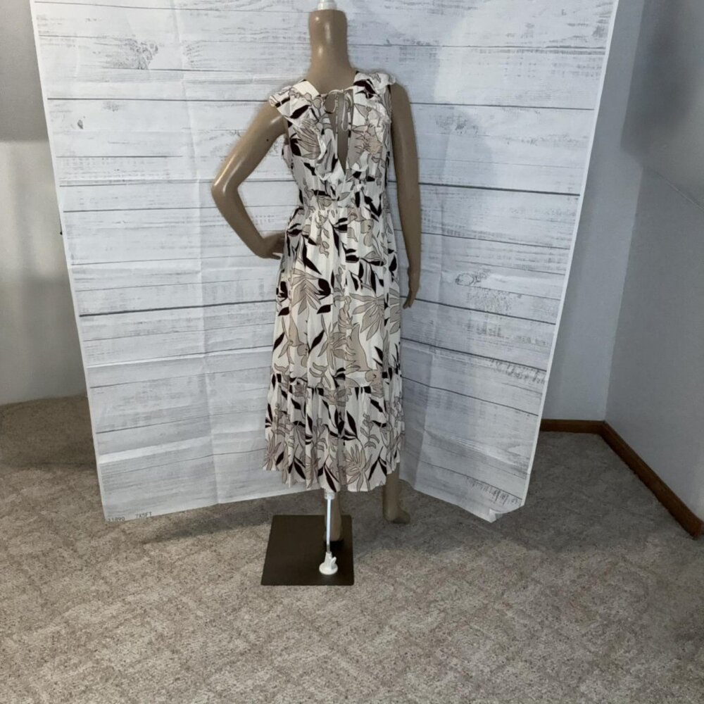 NWOT Brown Ruffled V Neck Leaves Print Midi Dress - Picture 6 of 8